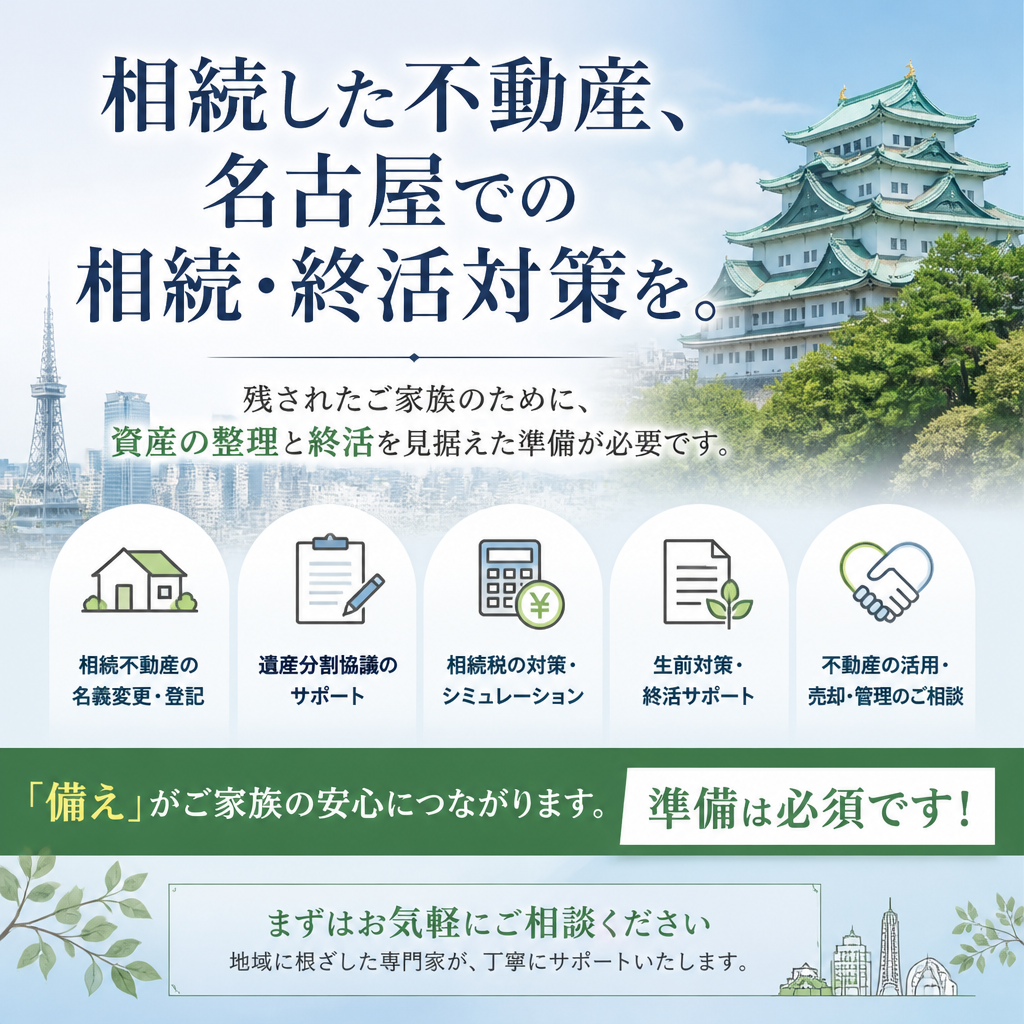 相続不動産、相続対策に名古屋の不動産 終活を見据えた資産整理は残された家族には必要です。 準備はマストです‼